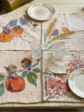 COTTAGE CHIC VINTAGE SET OF TWO BIRD TAPESTRY AMONGST FRUIT TREES. NEW W/TAGS